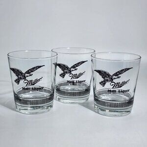 Miller Malt Liquor Lowball Glass Tumblers With American Eagle Design Set Of 3 VT